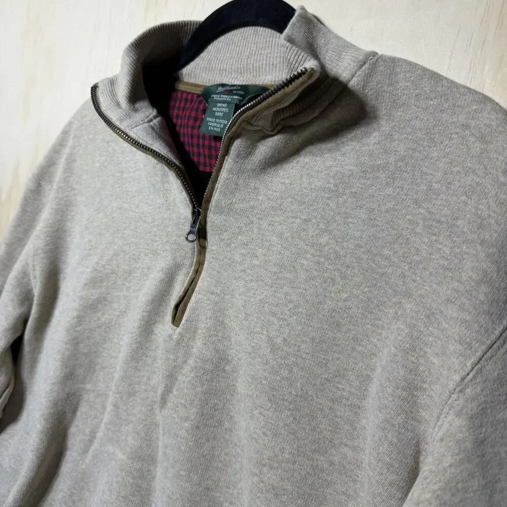 Woolrich 1/4 Zip Pullover Mens Medium Beige Sweatshirt Elbow Patch Casual‎